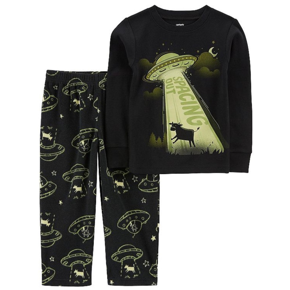 Carter’s Boys Space Glow Cow Alien Spaceship UFO Shirt and Fleece Pants Pajamas